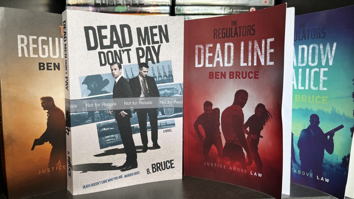 Photo of paperback versions of The Regulators, Dead Men Don't Pay, The Regulators Dead Line, The Regulators Shadow of Malice